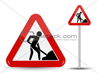 Road sign Warning Road works. In the Red Triangle a man with shovel in his hands. Vector Illustration.