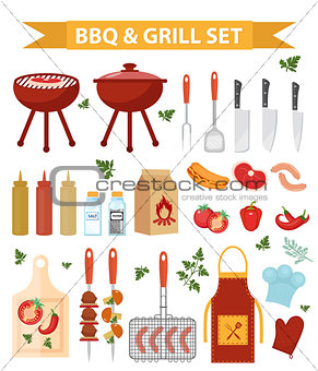 Barbecue and grill icons set, flat or cartoon style. BBQ collection of objects, elements of design. Isolated on white background. Vector illustration.