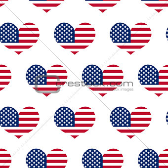 Independence Day of America seamless pattern. July 4th an endless background. USA national holiday repeating texture with a heart from the flag. Vector illustration.