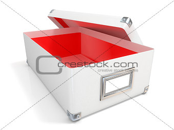 White leather opened box, with chrome corners, red interior and 