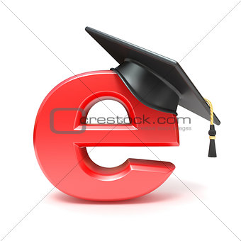 Graduation hat on E. E-learning concept. 3D