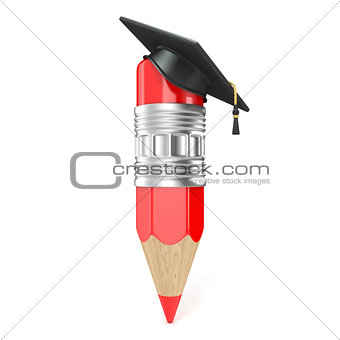 Red pencil with a graduation cap. Education concept. 3D