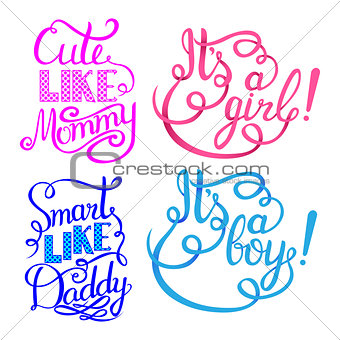 Set for Baby shower. Hand drawn phrases for design shower invitations, posters and cards