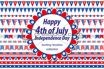 American Independence Day, celebration in USA. Set borders, bunting, flags, garland. Collection of decorative elements for July 4th national holiday. Vector illustration, clip art.