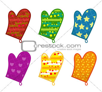 Kitchen potholders, mittens with different patterns. Isolated on white background. Vector illustration, clip-art.