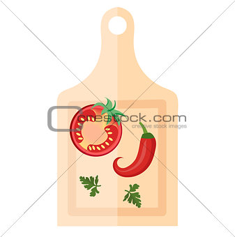 Wooden board for cutting vegetables with peppers and tomato icon, flat style. Isolated on white background. Vector illustration.