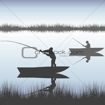 Men fishing on lake from boat