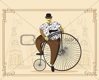 Man on penny farthing bicycle on old city background. Vector ill