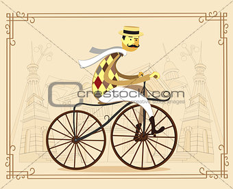 Frenchman on retro vintage old bike on old city background. Vect