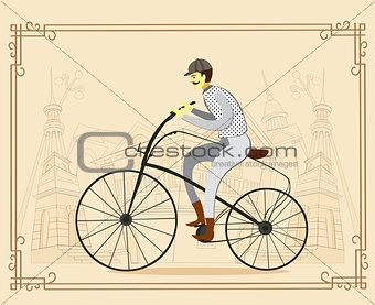 Man on vintage retro old bicycle on old city background. Vector 