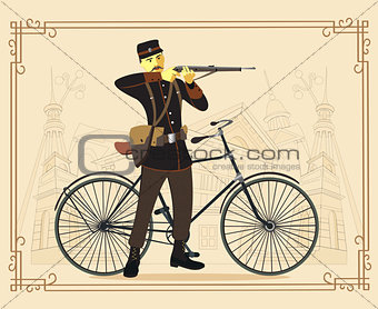 Retro vintage old bicycle and military man vector illustration