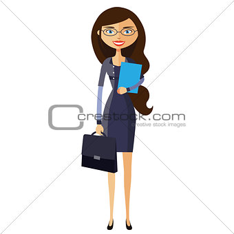 Banker or worker lady with glasses and briefcase flat cartoon ve