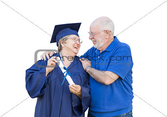 Senior Adult Woman Graduate in Cap and Gown Being Congratulated 