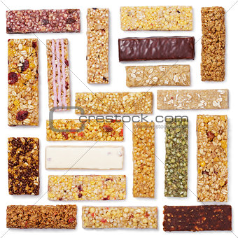 set of granola bars (muesli or cereal bar) isolated on white