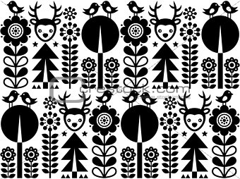 Scandinavian folk art pattern with flowers and animals, Finnish inspired design in black and white
