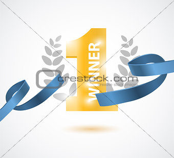 Winner, number one background with blue ribbon, olive branch and confetti on white.