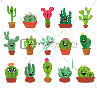 Big set of cute cartoon cactus and succulents with funny faces. Cute stickers or patches or pins collection. plants are friends set.Funny and cute cartoon desert cactus in pots vector set