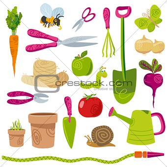 Gardening tools and vegetables vector icons