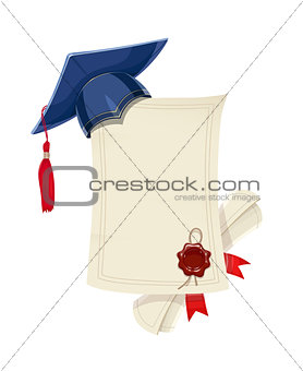 Blue academicic graduation cap with diploma blank and scroll