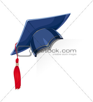 Blue academicic graduation cap on paper corner