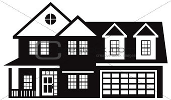 House with Two Car Garage Black White Illustration