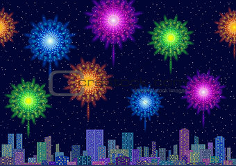 City Landscape with Fireworks