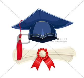 Blue academicic graduation cap and diploma scroll