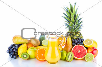 Assortment of exotic and juice fruits on white