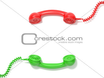 Retro red and green phone receivers lie opposite each other. 3D