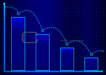 Decreasing bar graph with blue arrow . Isometric bar graph with two axes and columns, showing the rapid decline on a blue background . Eps 10 vector illustration