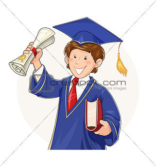 Student in graduate suit with diploma and book