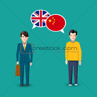 Two people with white speech bubbles with Great britain and China flags. Language study concept illustration