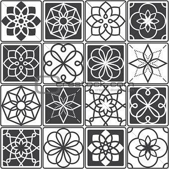 Portuguese Azulejo tiles design, seamless geometric patterns collection in dark grey