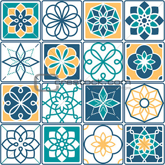 Portuguese tiles pattern - Azulejo, seamless geometric design collection in yellow and turquoise