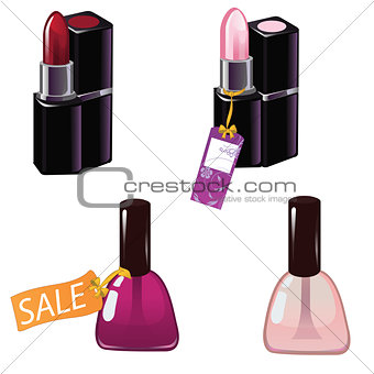 Nail polish and lipstick. Vector illustration of realistic nail polish in glass bottles and lipstick on white background. Discount tags.
