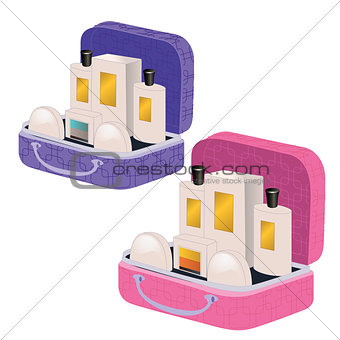 Pink and purple suitcases with perfume and cosmetics inside