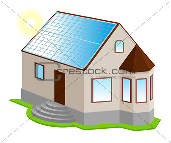 Solar panel on roof. New 3d private house with bay window