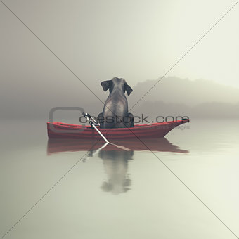 Elephant sitting in a boat by sea.