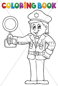 Coloring book policeman holds stop sign