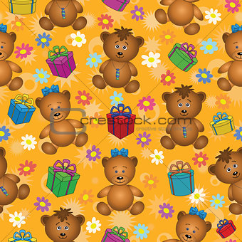 Seamless background, bears and gifts