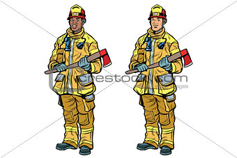 African American and Caucasian firemen in uniform with axes