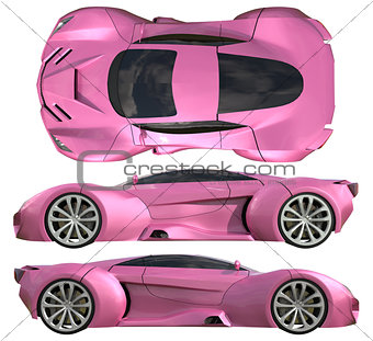 A set of three types of racing concept car in pink. Side view and top view. 3d illustration.