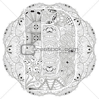 Mandala with letter D for coloring. Vector decorative zentangle