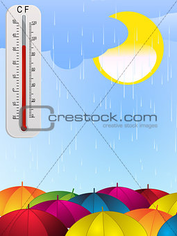 Sun rain umbrella and thermometer background