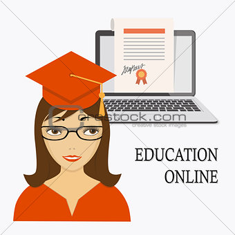 education online with girl, laptop and diploma