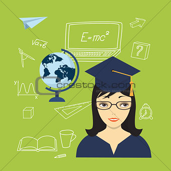 girl in the academic cap, globe and hand drawn icons