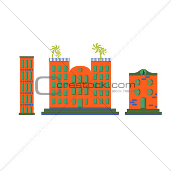 Hotel buildings vector cartoon flat set.