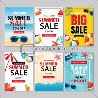 Summer sale emails and banners mobile templates. Vector illustra