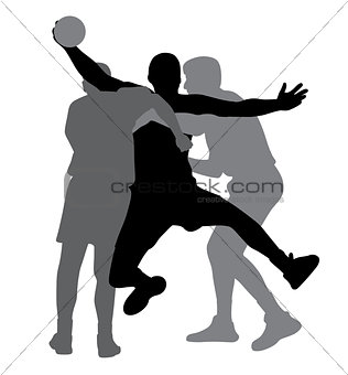 Two handball players blocking opponent player