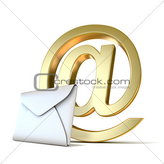Envelope with golden e-mail sign. 3D